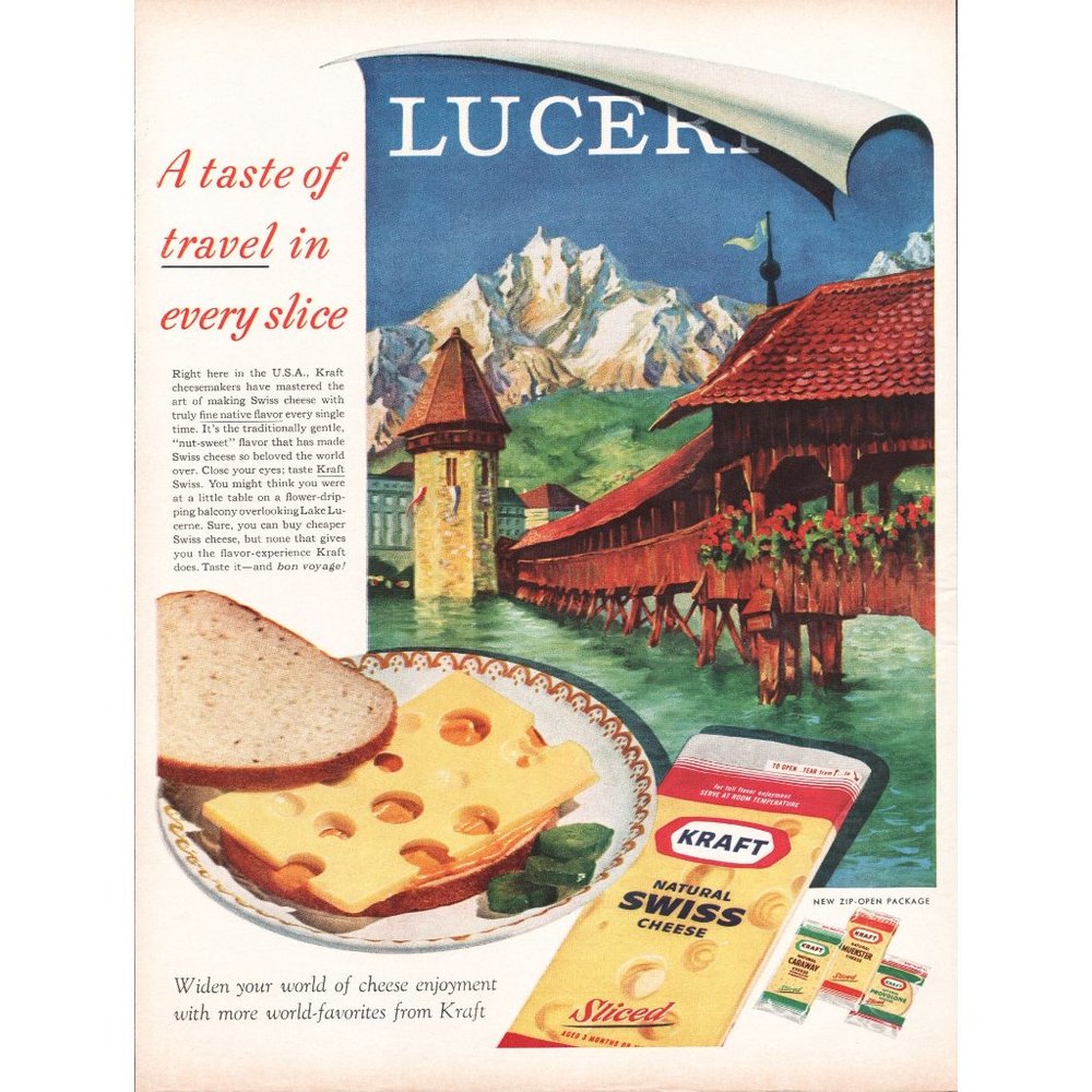 1961 Kraft Swiss Cheese Lake Lucerne Switzerland Vintage Print Ad Alps Pier Art
